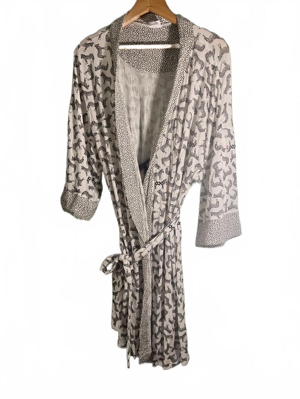Echo Cozy Zebra Print Kimono Robe with Polka Dot Trim Medium
